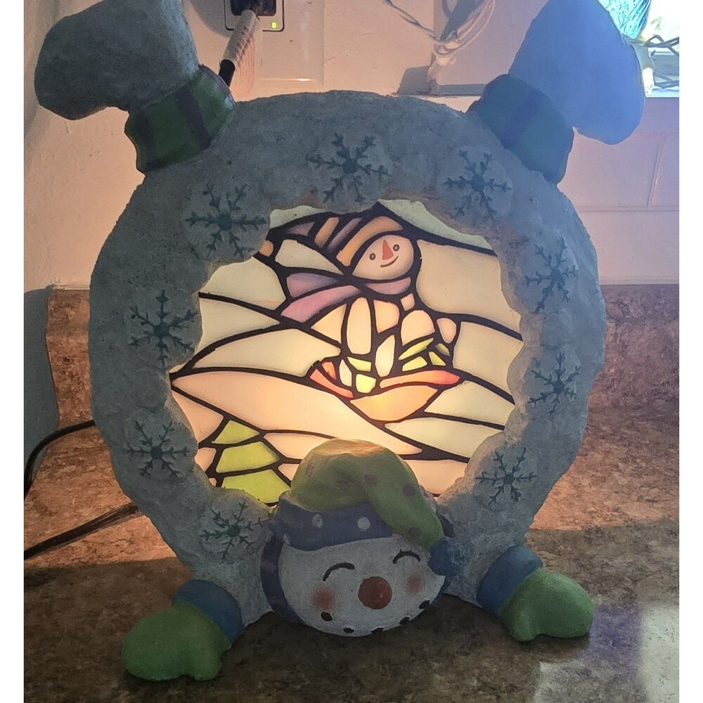 Vintage Cracker Barrel "Snow Days" Stained Glass Snowman Plug In Light Christmas